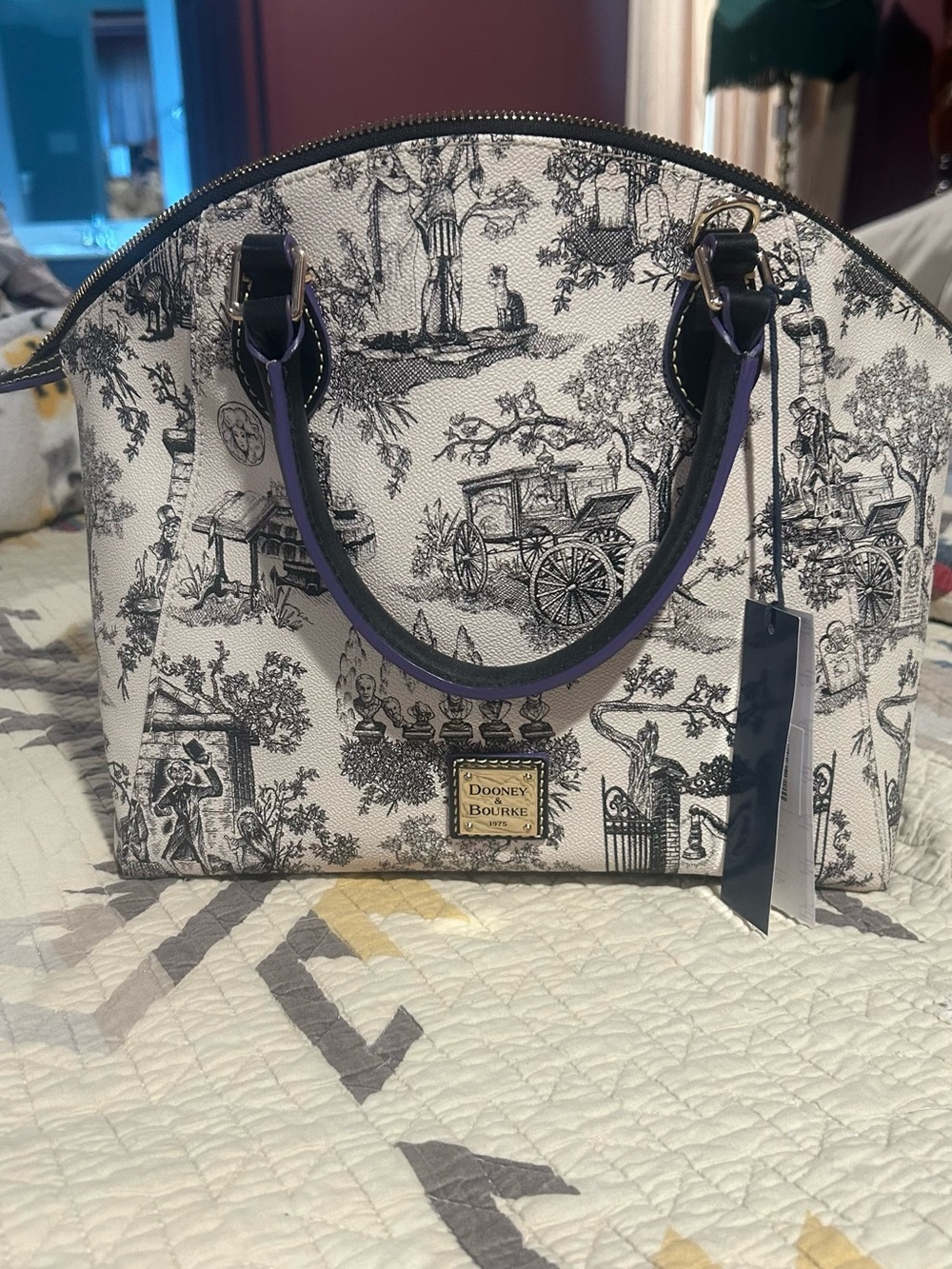 Dooney & Bourke Haunted Mansion Toile Satchel with Purple Trim